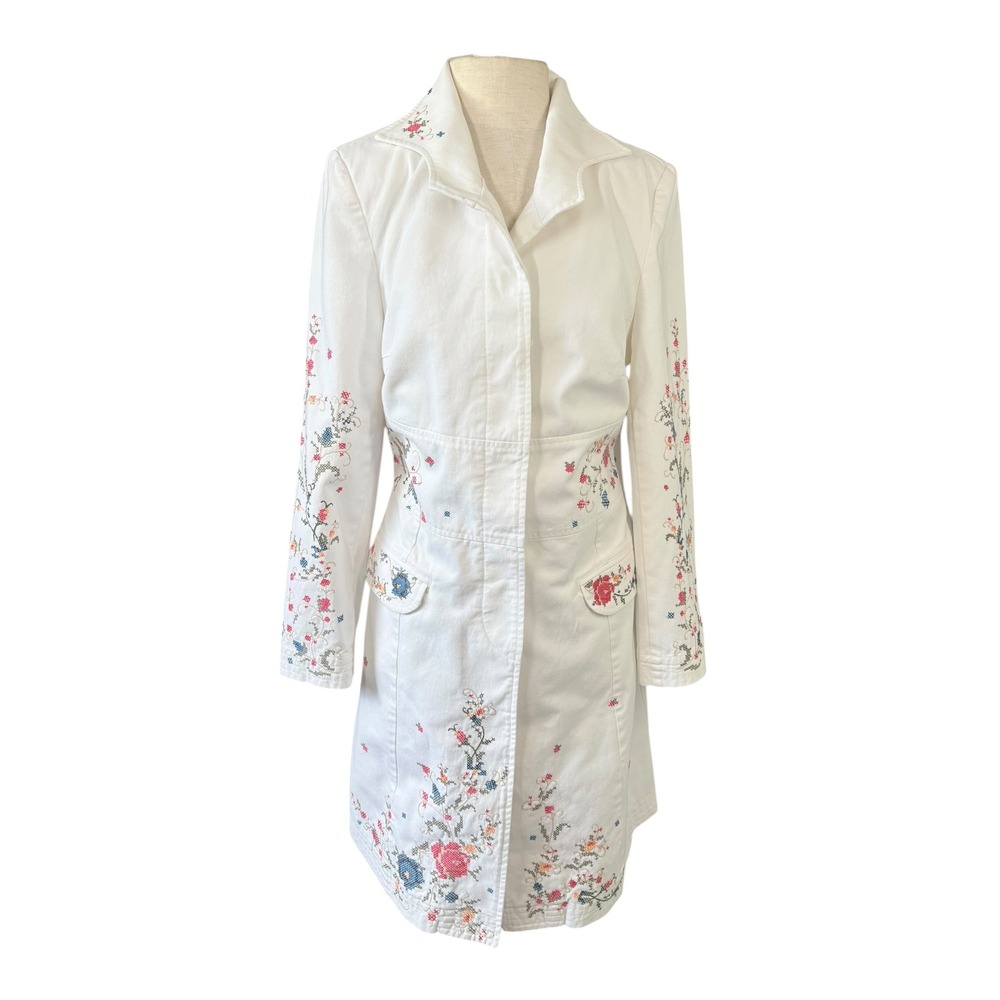 Vintage Y2K Embroidered Cross Stitch Cottage Trench Coat M Boho Retro Feminine